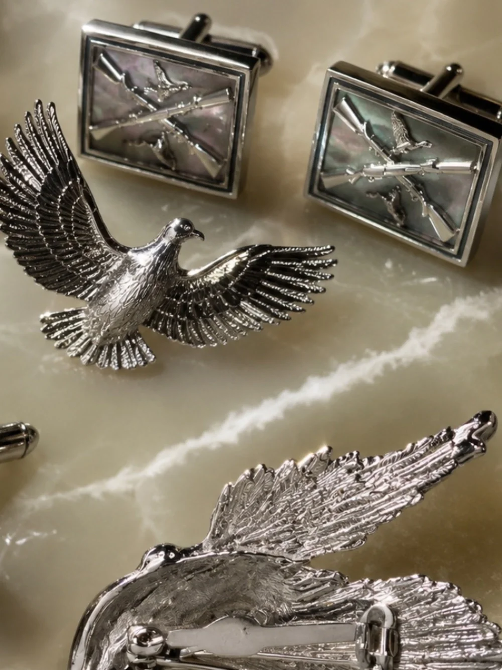 Vintage Silver Tone Duck Hunter Cufflinks & Matching Tie Tack Set– Formal